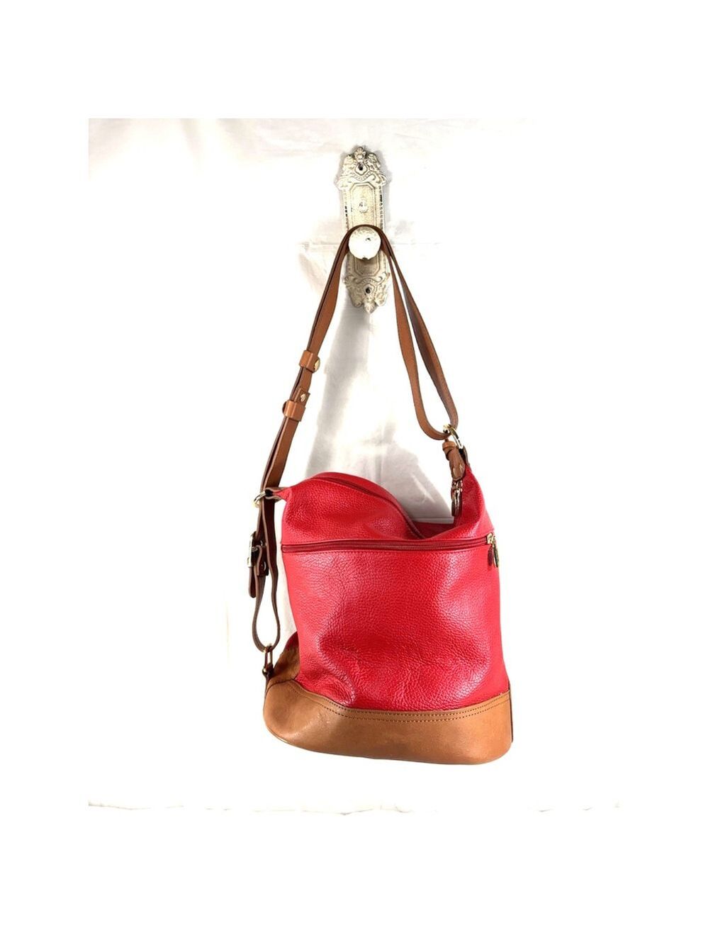 VALENTINA Red tan Leather convertible bucket bag hobo